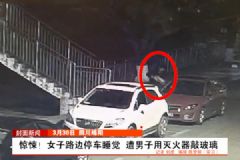 女子凌晨路邊停車睡覺！遭男子用滅火器猛砸車窗！[多圖]